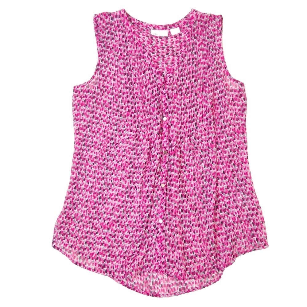 Liz Claiborne Blouse Top Sz S Pink Curved Hem Patterned Silver Button Up Front